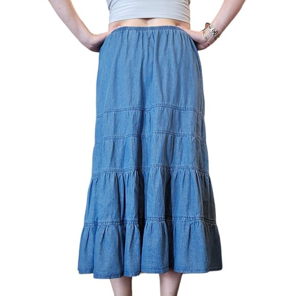 90s Womens Large Denim Jean Tiered Skirt Western Pullon Maxi Long Boho Cowgirl - Picture 7 of 9